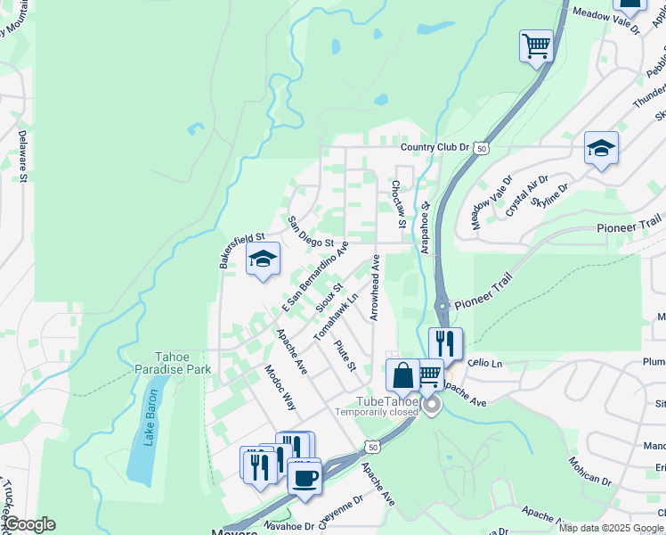 map of restaurants, bars, coffee shops, grocery stores, and more near 1170 East San Bernardino Avenue in South Lake Tahoe