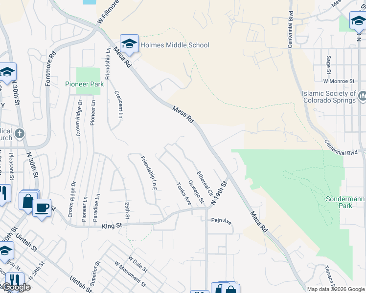 map of restaurants, bars, coffee shops, grocery stores, and more near 1298 Ethereal Circle in Colorado Springs