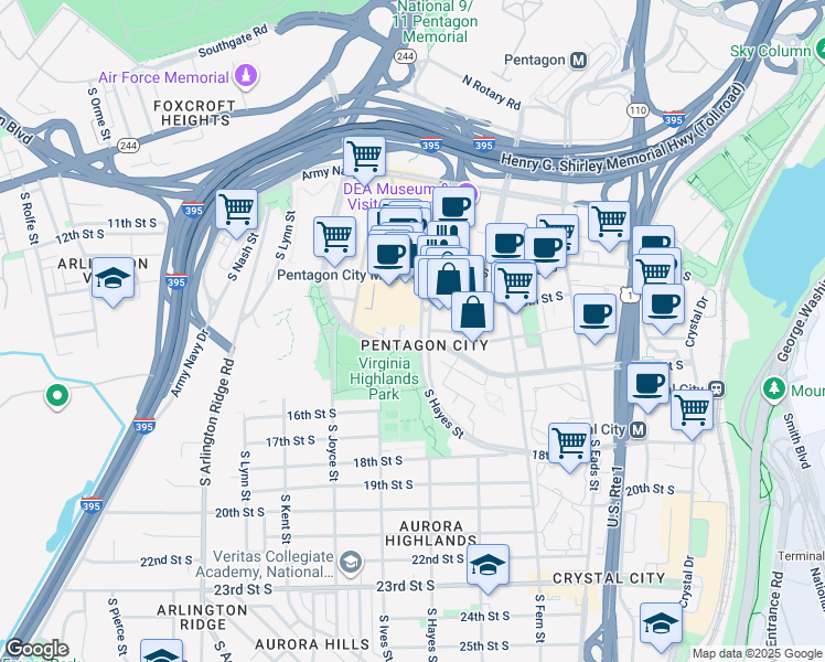 map of restaurants, bars, coffee shops, grocery stores, and more near 801 15th Street South in Arlington
