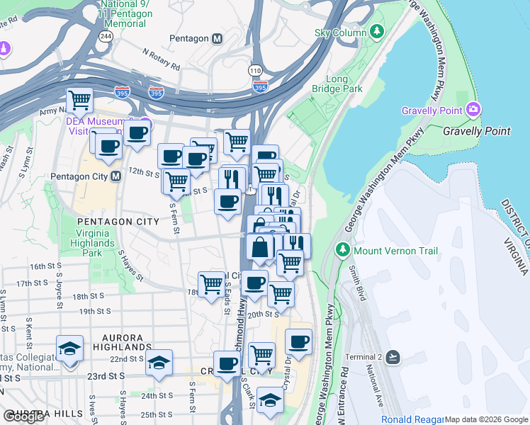 map of restaurants, bars, coffee shops, grocery stores, and more near 1401 South Clark Street in Arlington