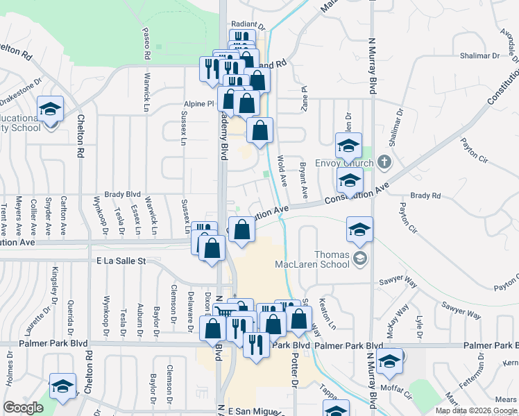 map of restaurants, bars, coffee shops, grocery stores, and more near 3838 Constitution Avenue in Colorado Springs