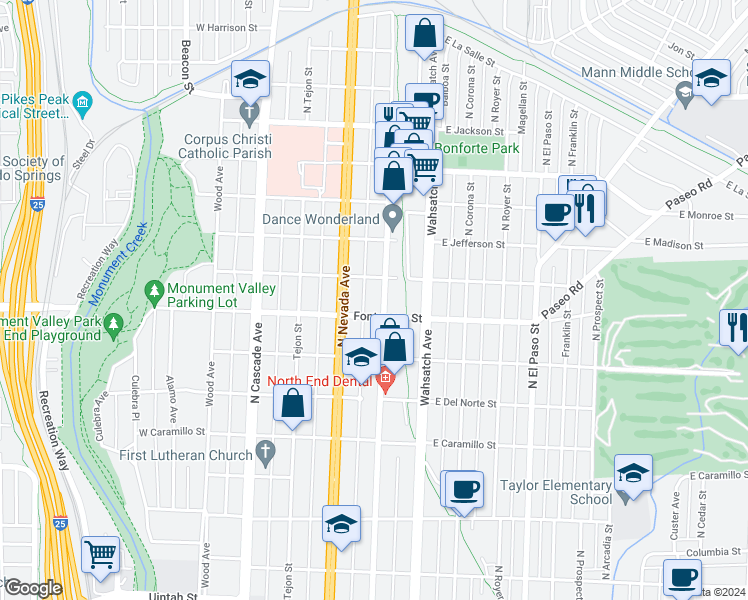 map of restaurants, bars, coffee shops, grocery stores, and more near 232 East Fontanero Street in Colorado Springs