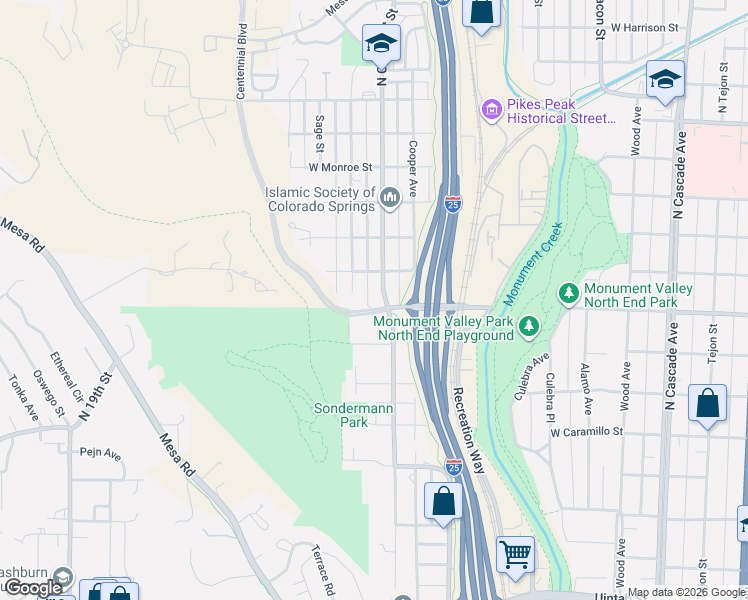 map of restaurants, bars, coffee shops, grocery stores, and more near 615 West Fontanero Street in Colorado Springs