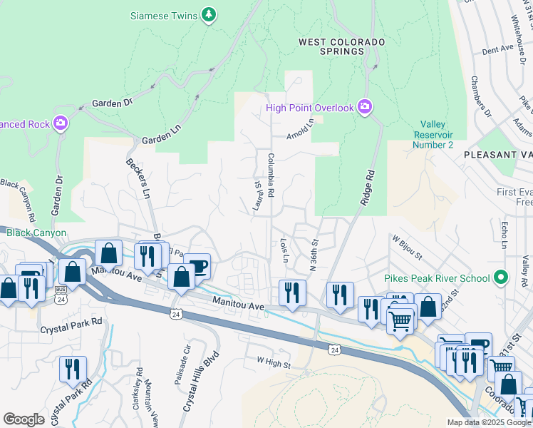 map of restaurants, bars, coffee shops, grocery stores, and more near 325 Columbia Road in Colorado Springs