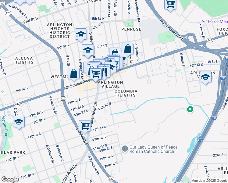 map of restaurants, bars, coffee shops, grocery stores, and more near 2620 12th Street South in Arlington