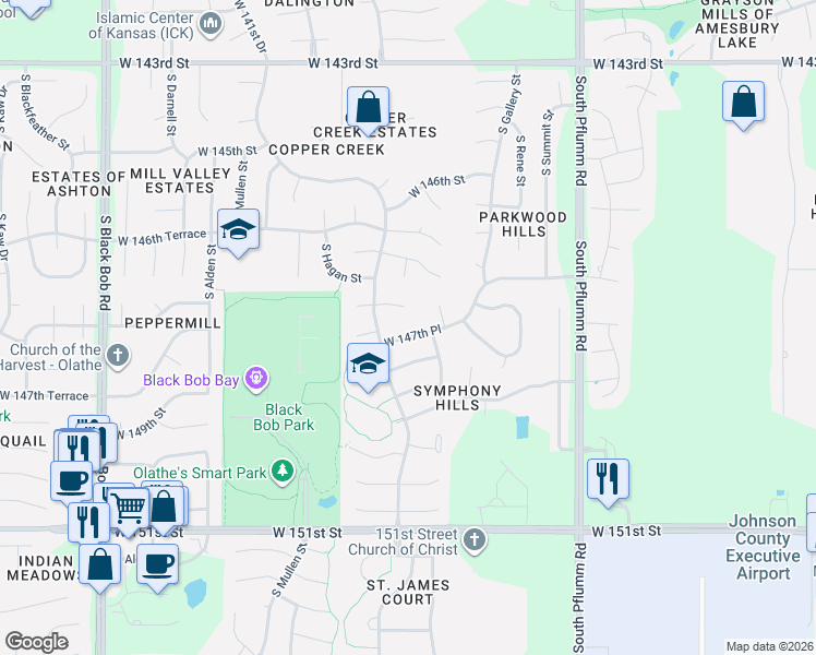 map of restaurants, bars, coffee shops, grocery stores, and more near 14067 West 147th Place in Olathe