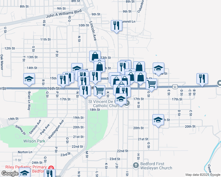 map of restaurants, bars, coffee shops, grocery stores, and more near 1030 16th Street in Bedford