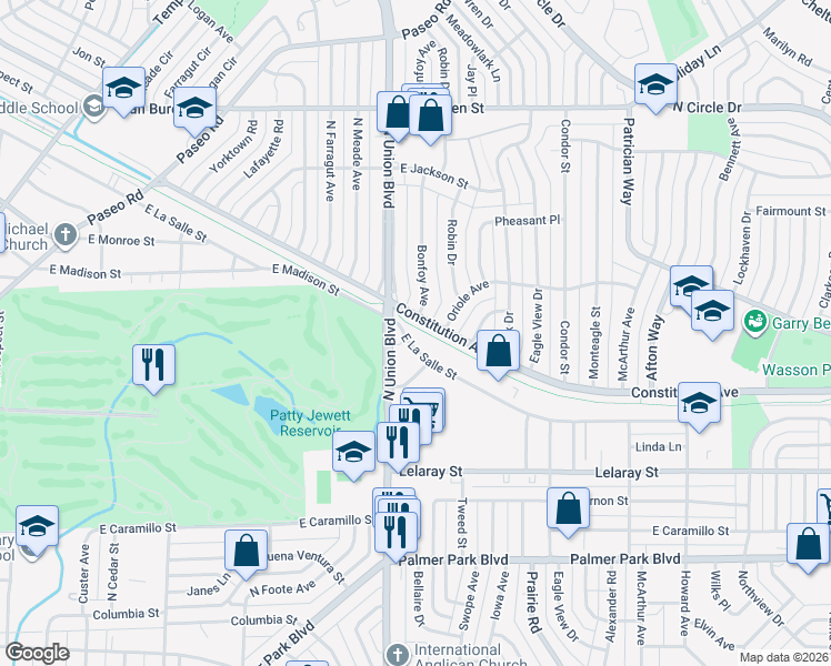map of restaurants, bars, coffee shops, grocery stores, and more near 1802 East La Salle Street in Colorado Springs