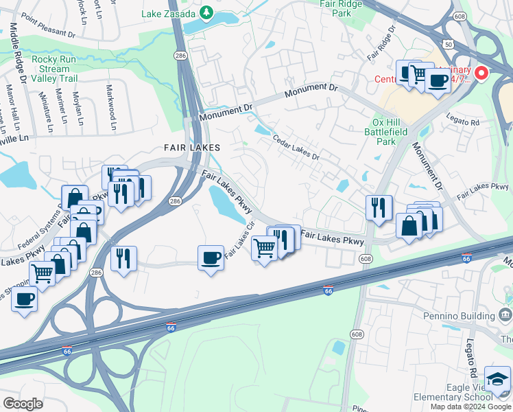 map of restaurants, bars, coffee shops, grocery stores, and more near 12590 Ovation Drive in Fairfax