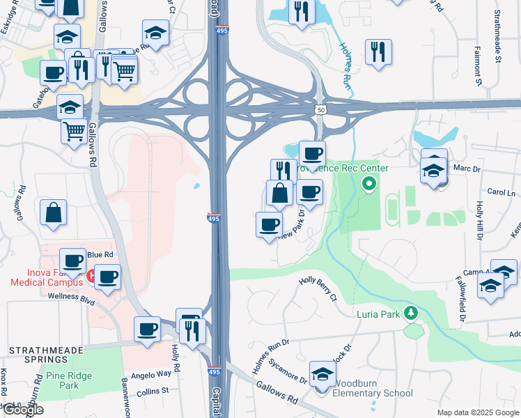 map of restaurants, bars, coffee shops, grocery stores, and more near 3130 Fairview Park Drive in Falls Church