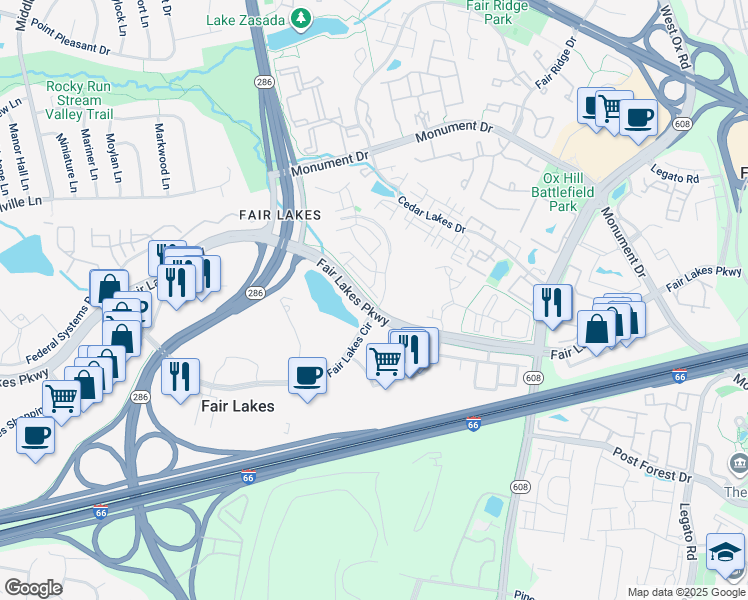 map of restaurants, bars, coffee shops, grocery stores, and more near 12590 Ovation Drive in Fairfax
