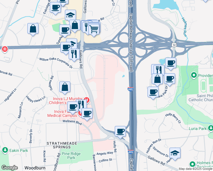 map of restaurants, bars, coffee shops, grocery stores, and more near 8095 Innovation Park Drive in Falls Church