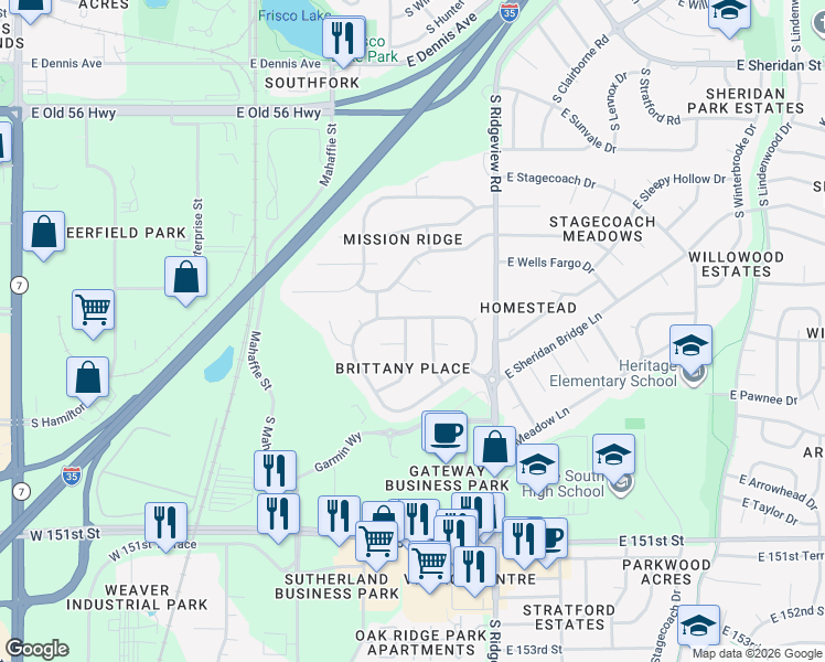 map of restaurants, bars, coffee shops, grocery stores, and more near 1354 South Brentwood Drive in Olathe