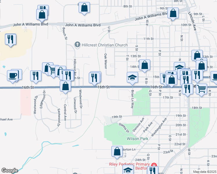 map of restaurants, bars, coffee shops, grocery stores, and more near 2024 16th Street in Bedford
