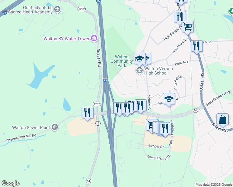 map of restaurants, bars, coffee shops, grocery stores, and more near 79 Old Stephenson Mill Road in Walton