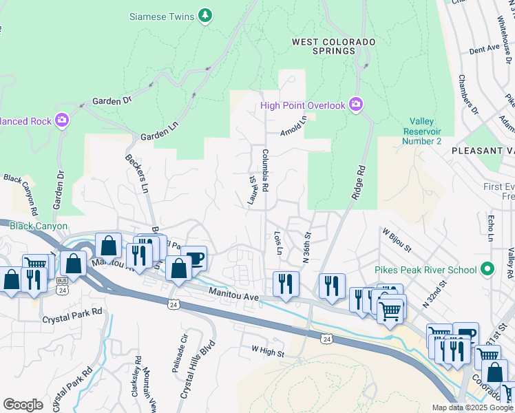 map of restaurants, bars, coffee shops, grocery stores, and more near 325 Columbia Road in Colorado Springs