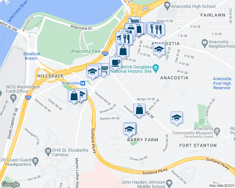 map of restaurants, bars, coffee shops, grocery stores, and more near 1312 Dexter Terrace Southeast in Washington