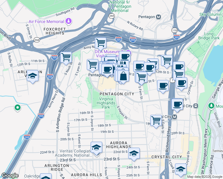 map of restaurants, bars, coffee shops, grocery stores, and more near 801 15th Street South in Arlington