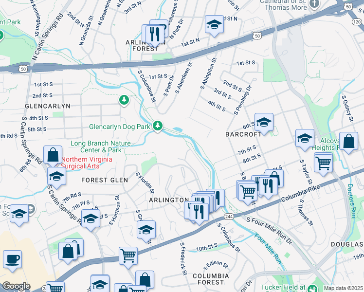 map of restaurants, bars, coffee shops, grocery stores, and more near 702 South Arlington Mill Drive in Arlington
