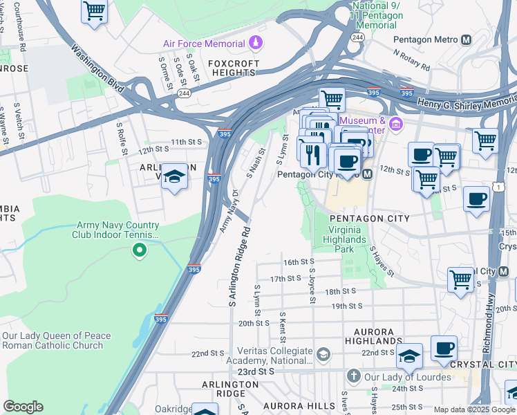 map of restaurants, bars, coffee shops, grocery stores, and more near 1515 South Arlington Ridge Road in Arlington