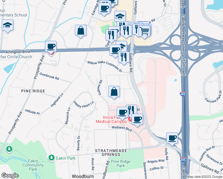 map of restaurants, bars, coffee shops, grocery stores, and more near 8301 Anderson Drive in Fairfax