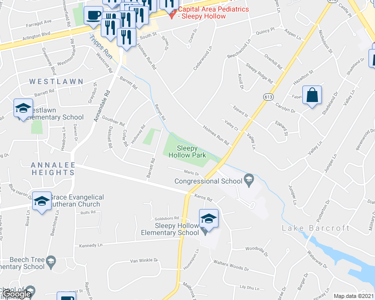 map of restaurants, bars, coffee shops, grocery stores, and more near 3224 Sleepy Hollow Road in Falls Church