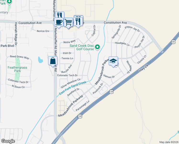 map of restaurants, bars, coffee shops, grocery stores, and more near 1763 Riverwalk Parkway in Colorado Springs