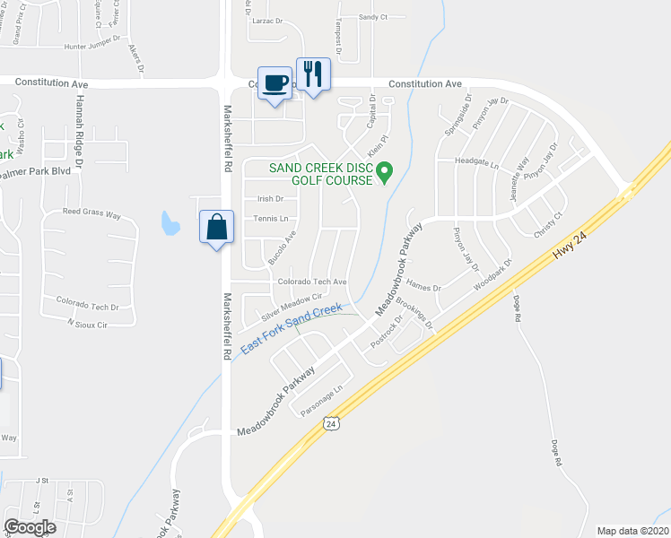 map of restaurants, bars, coffee shops, grocery stores, and more near 1797 Silver Meadow Circle in Colorado Springs