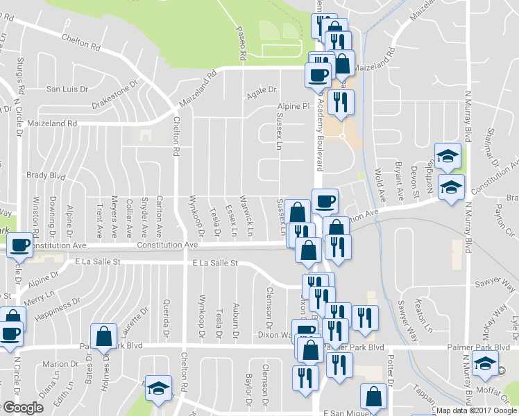 map of restaurants, bars, coffee shops, grocery stores, and more near 1924 Warwick Lane in Colorado Springs