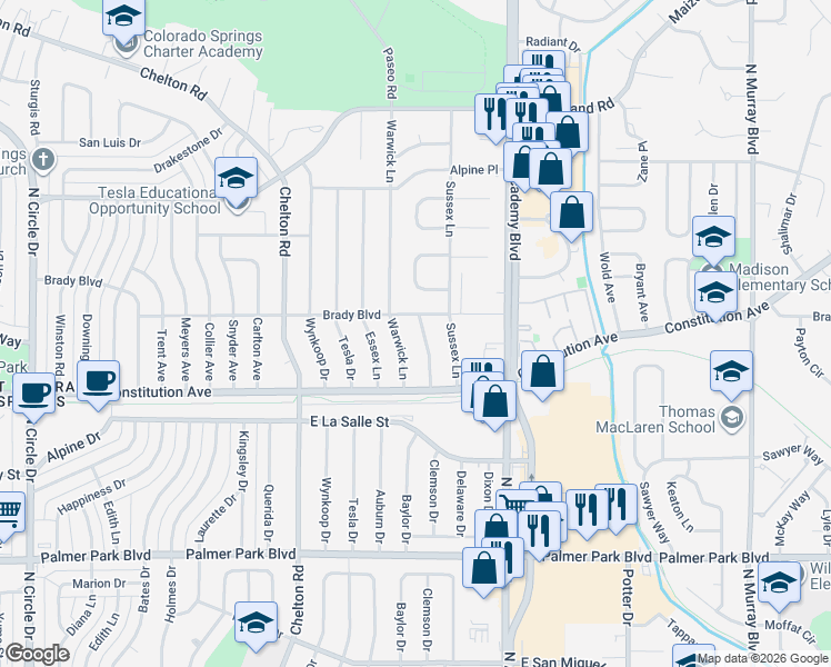 map of restaurants, bars, coffee shops, grocery stores, and more near 1924 Warwick Lane in Colorado Springs