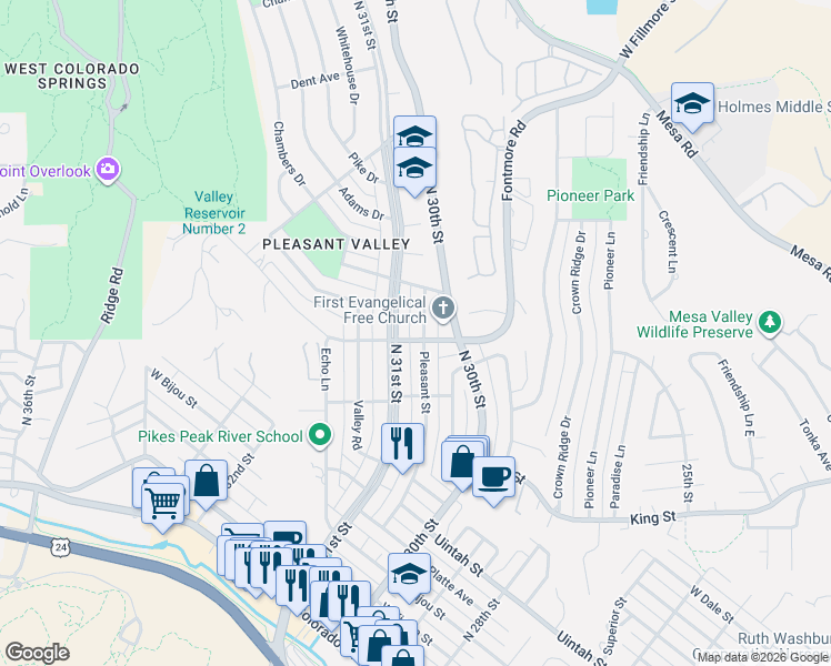 map of restaurants, bars, coffee shops, grocery stores, and more near 725 Pleasant Street in Colorado Springs