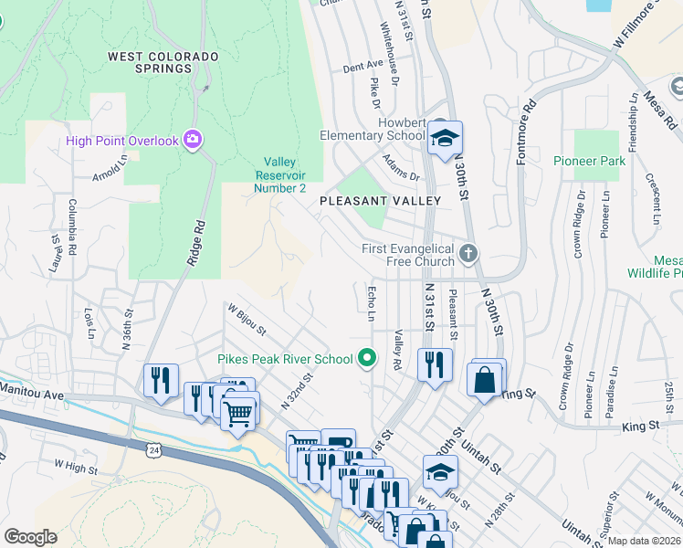 map of restaurants, bars, coffee shops, grocery stores, and more near 658 Echo Lane in Colorado Springs