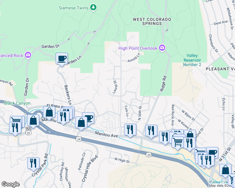 map of restaurants, bars, coffee shops, grocery stores, and more near 325 Columbia Road in Colorado Springs