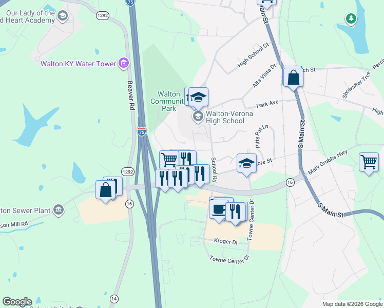 map of restaurants, bars, coffee shops, grocery stores, and more near 119 Old Stephenson Mill Road in Walton