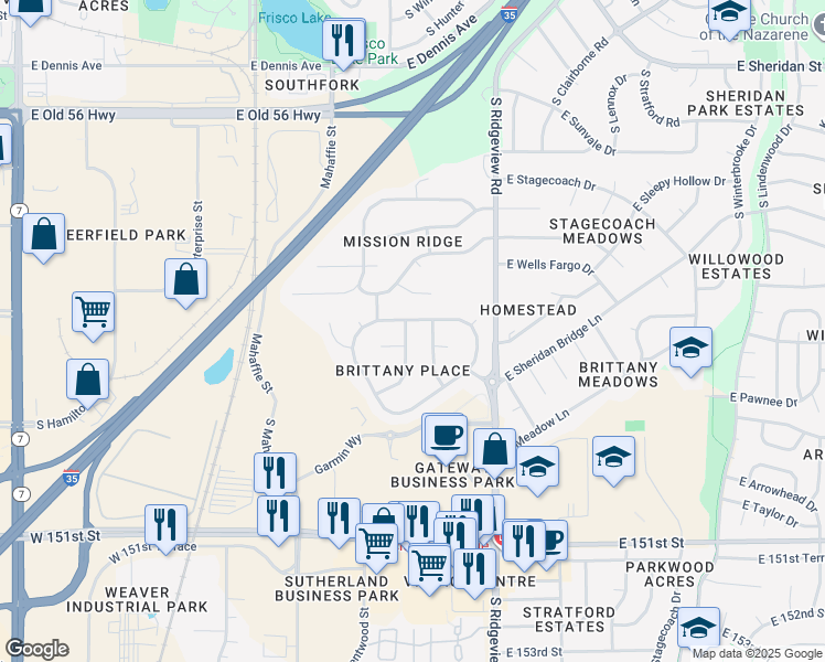 map of restaurants, bars, coffee shops, grocery stores, and more near 1369 South Hunter Drive in Olathe