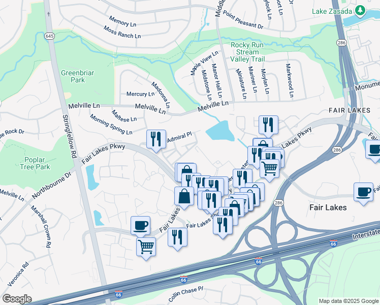 map of restaurants, bars, coffee shops, grocery stores, and more near 4605 Hummingbird Lane in Fairfax
