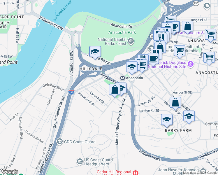 map of restaurants, bars, coffee shops, grocery stores, and more near 1200 Sumner Road Southeast in Washington