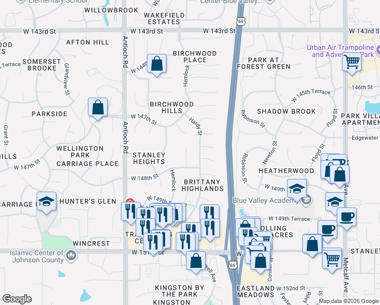 map of restaurants, bars, coffee shops, grocery stores, and more near 14724 Goodman Street in Overland Park