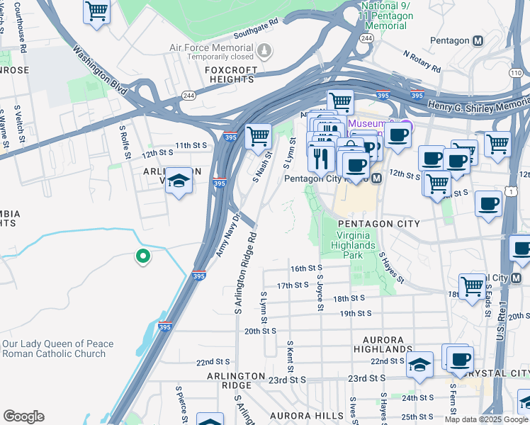 map of restaurants, bars, coffee shops, grocery stores, and more near 1515 South Arlington Ridge Road in Arlington