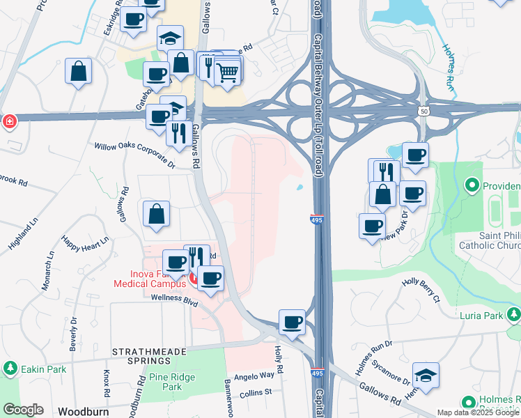 map of restaurants, bars, coffee shops, grocery stores, and more near 8095 Innovation Park Drive in Falls Church