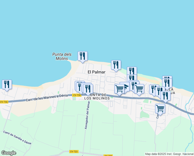 map of restaurants, bars, coffee shops, grocery stores, and more near 4A carrer Mar Egue in Dénia