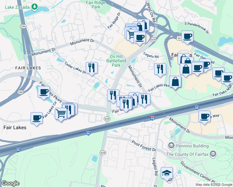 map of restaurants, bars, coffee shops, grocery stores, and more near 12201 Pender Creek Circle in Fairfax