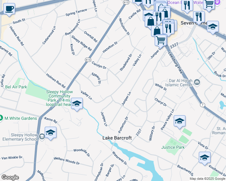 map of restaurants, bars, coffee shops, grocery stores, and more near 3148 Valley Lane in Falls Church