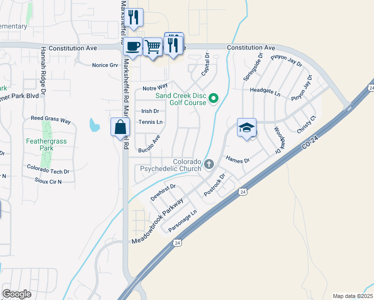 map of restaurants, bars, coffee shops, grocery stores, and more near 1797 Silver Meadow Circle in Colorado Springs