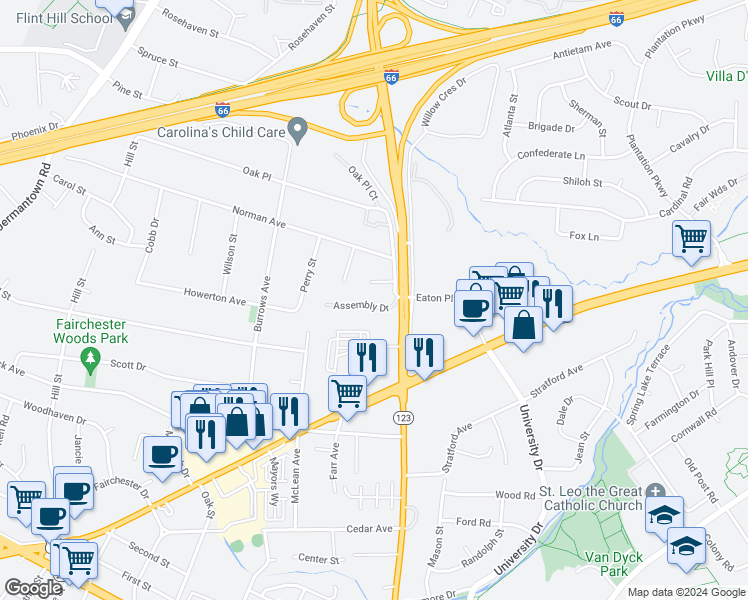 map of restaurants, bars, coffee shops, grocery stores, and more near 10514 Assembly Drive in Fairfax