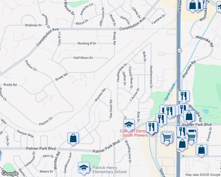 map of restaurants, bars, coffee shops, grocery stores, and more near 1822 Van Diest Road in Colorado Springs
