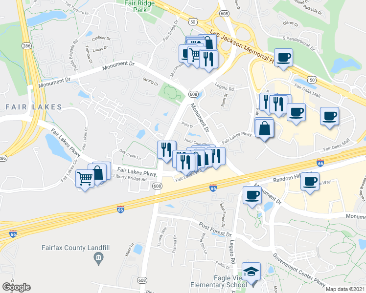 map of restaurants, bars, coffee shops, grocery stores, and more near 12265 Pender Creek Circle in Fairfax