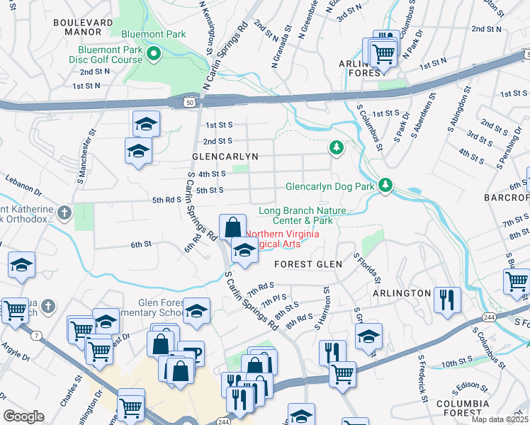 map of restaurants, bars, coffee shops, grocery stores, and more near 5609 6th Street South in Arlington