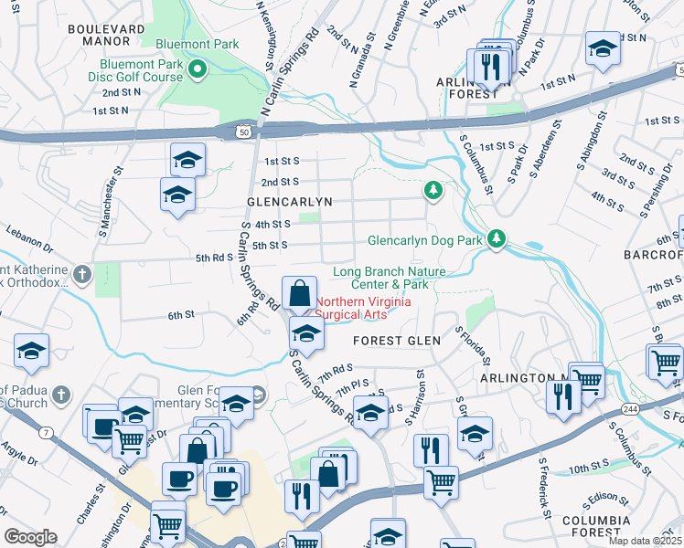 map of restaurants, bars, coffee shops, grocery stores, and more near 5609 6th Street South in Arlington