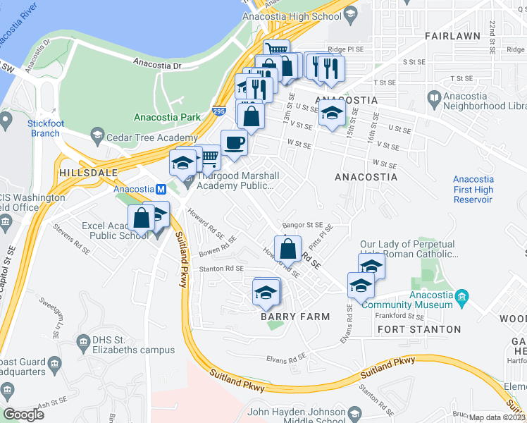 map of restaurants, bars, coffee shops, grocery stores, and more near 1362 Morris Road Southeast in Washington